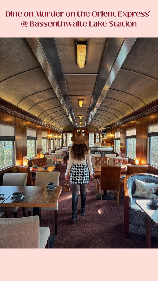 Instagram post by @heyreiko for VisitEngland. Caption reads: Dine on a Murder on the Orient Express movie set?!....