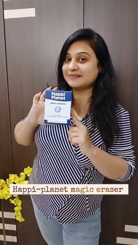 Instagram post by @vinitakataria330 for Happi Planet. Caption reads: Happi Planet Magic Eraser | Pack of 4 | No Scratch....
