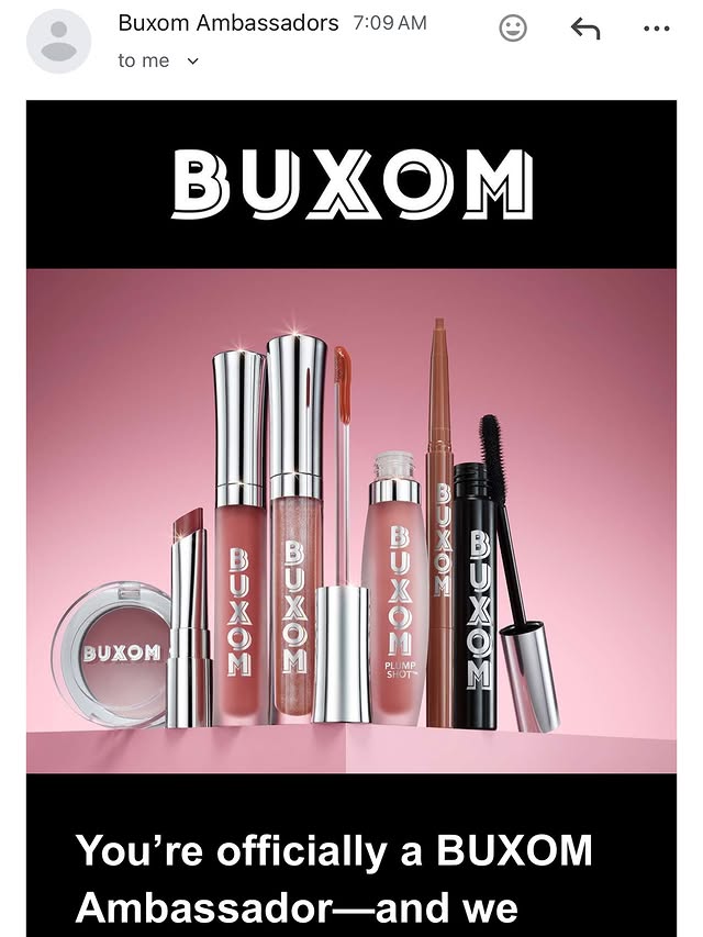 Instagram post by @spoiledglamhunii for BUXOM Cosmetics. Caption reads: Hard Word does pay off Finally A @buxomcosmetics....