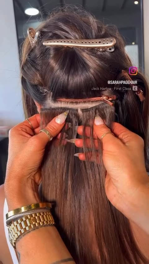 Instagram post by @sarahpagehair for BELLAMI Hair. Caption reads: Another game changing install using....