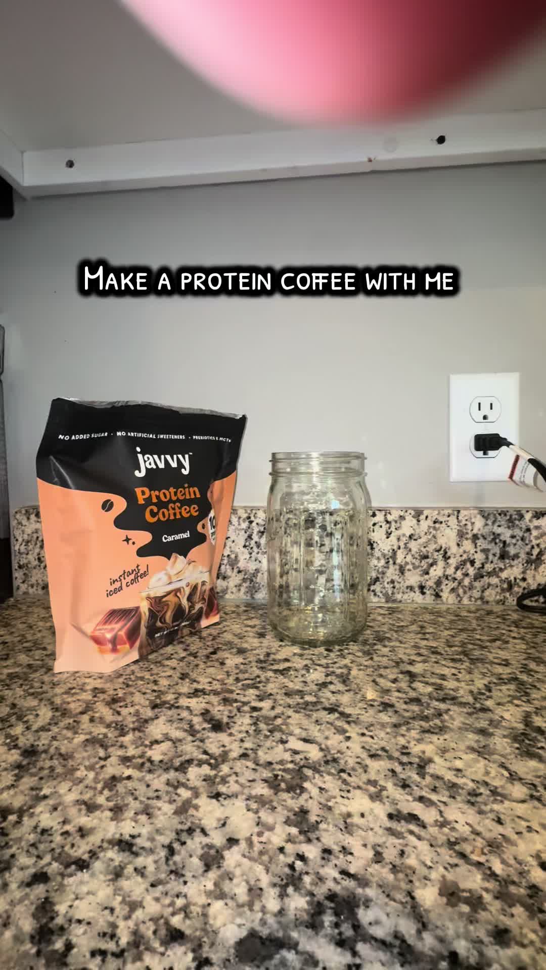 TikTok post by @rachellamb_ for Javy Coffee. Caption reads: A quick little protein iced coffee this morning....
