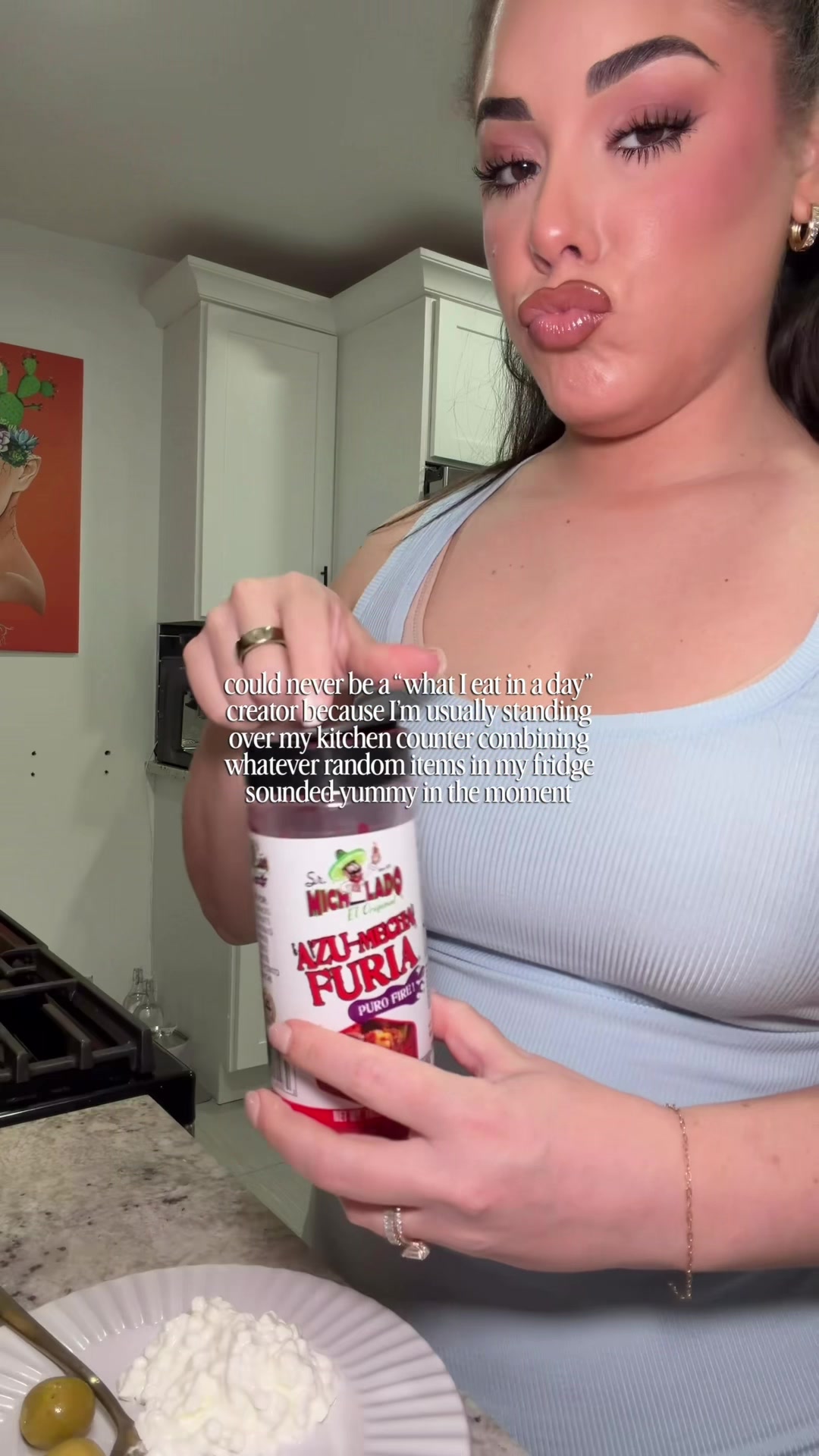 TikTok post by @superashley127 for Sr. Michelado. Caption reads: At least the cottage cheese has protein??? Also....