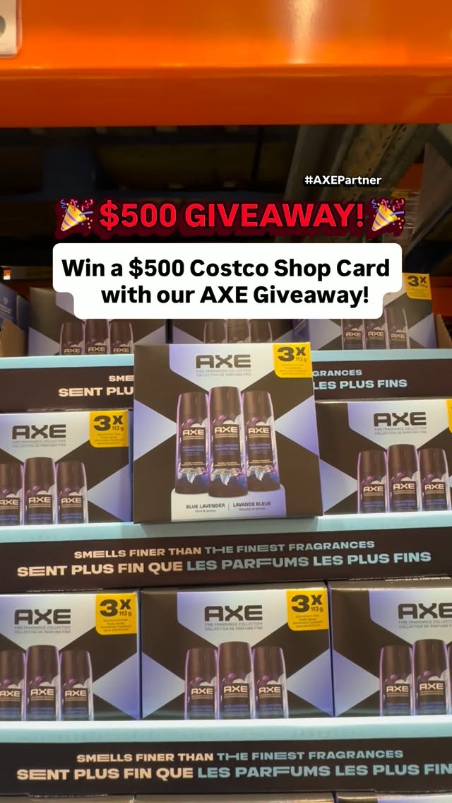 Instagram post by @costcofindsca for AXE. Caption reads: #AXEPartner 🎉 GIVEAWAY TIME! 🎉 One lucky [...].