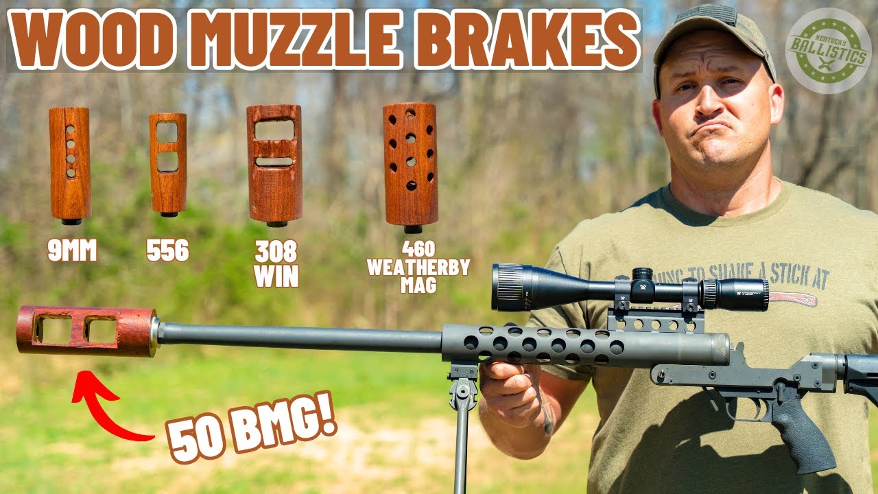 YouTube post by @KentuckyBallistics for Raycon. Caption reads: Wooden Muzzle Brake Test (50 BMG, 460 WBY, 308 WIN....