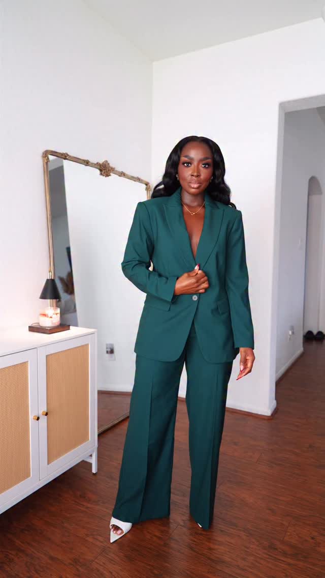 Instagram post by @mena_adubea for Ann Taylor. Caption reads: Get into this green power suit! Imagine there’s....