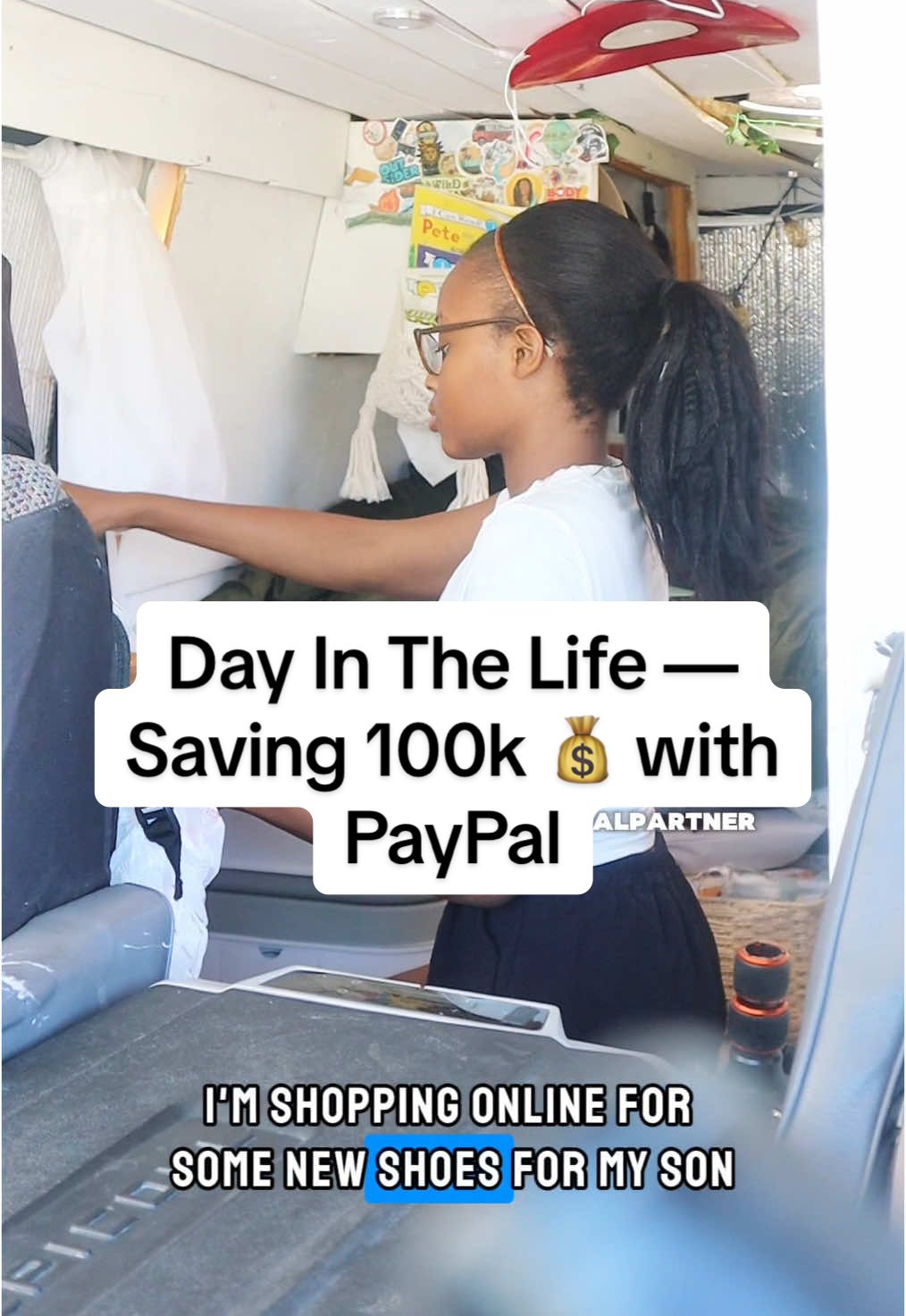 TikTok post by @thistravelmom for PayPal. Caption reads: Living in a van, saving for the future, and making....