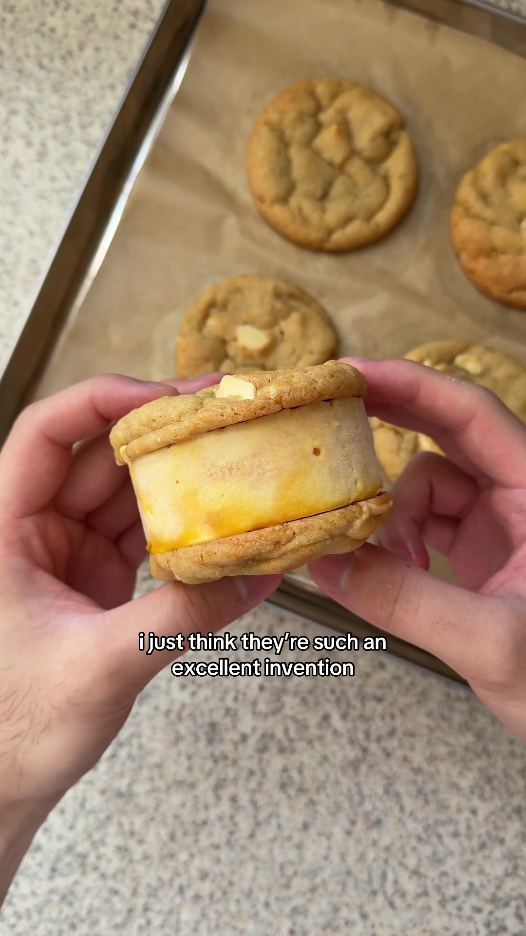 TikTok post by @ashbaber for Aldi UK. Caption reads: mango and passionfruit ice cream sandwiches 🥭🍪....