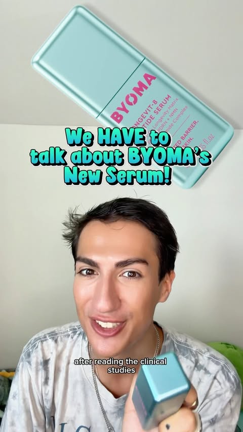 Instagram post by @jc.dombrowski for BYOMA. Caption reads: @byoma has done it again🩵 A peptide serum with....