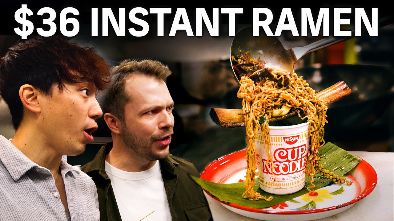 YouTube post by @AndrewStevenandAdam for Experian. Caption reads: $1 Vs. $36 Instant Ramen.