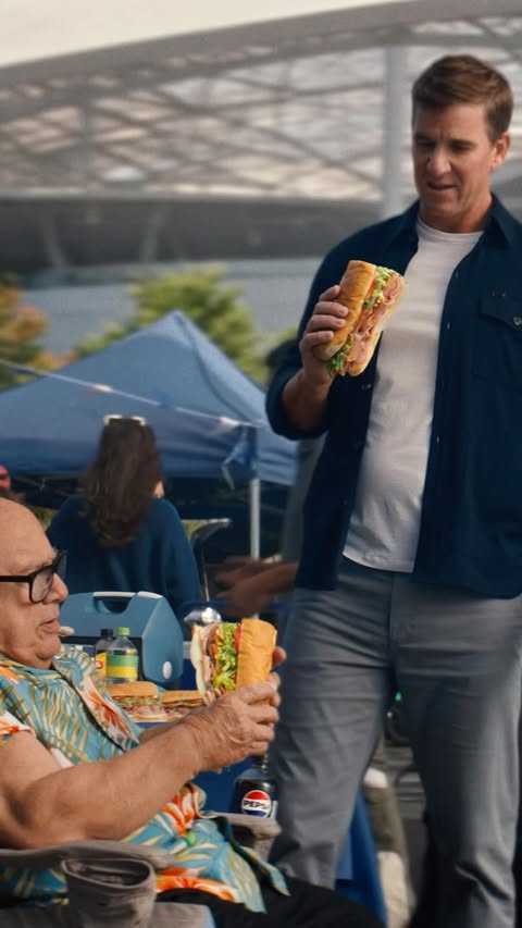 Instagram post by @elimanning for Jersey Mike's Subs. Caption reads: No I will not be taking questions at this time....