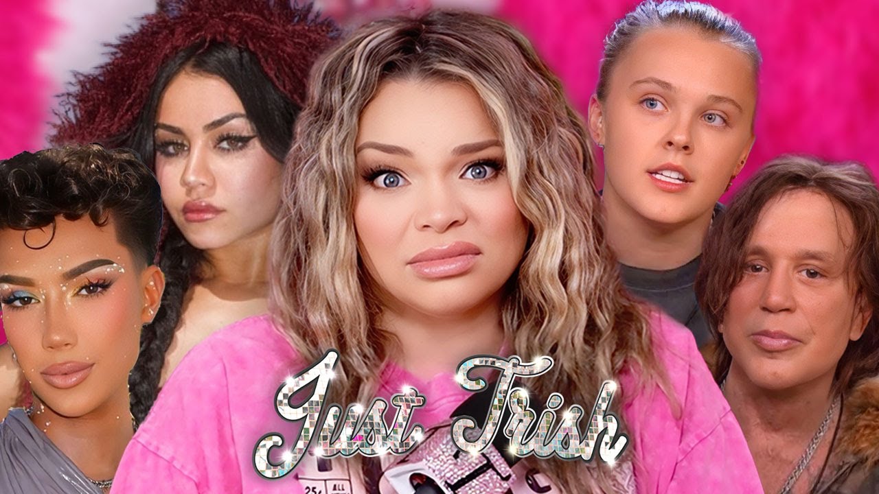 YouTube post by @justtrishpodcast for AdamAndEve.com. Caption reads: JoJo Siwa's HORRIFIC Big Brother Treatment & MESSY....