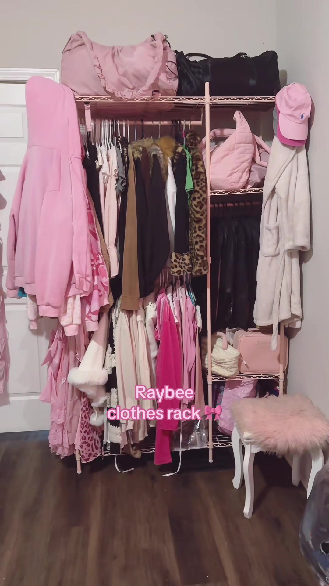 TikTok post by @phokyo for Raybee Furniture. Caption reads: @RaybeeFurniture Clothes Rack 🎀 #raybeefurniture....