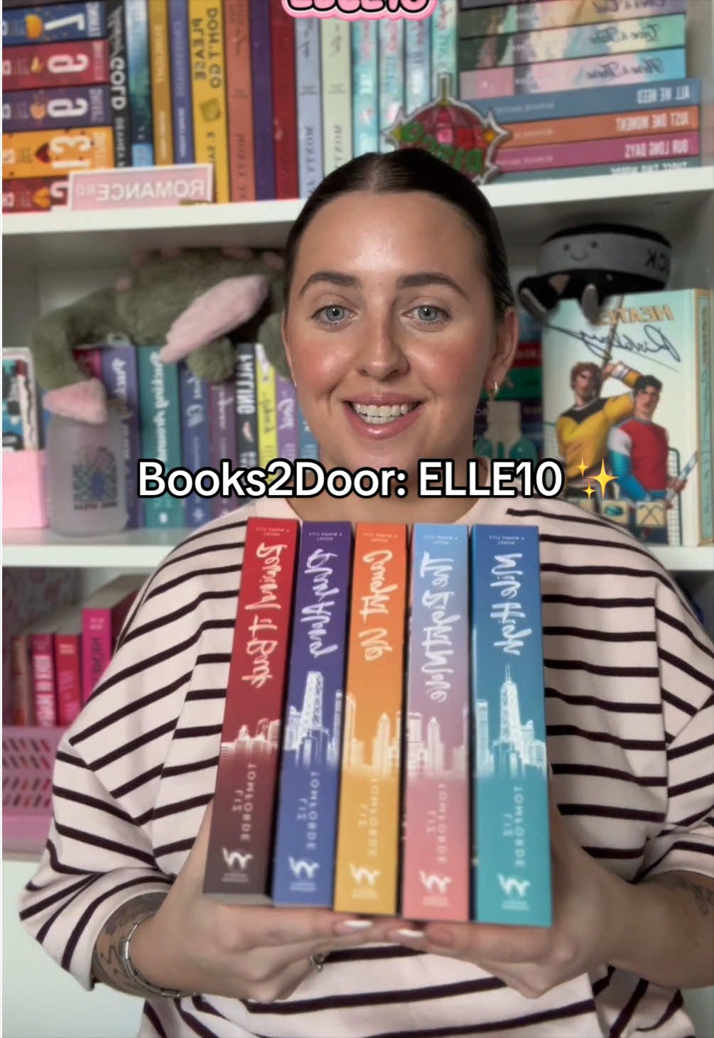 TikTok post by @what_elle_reads for Books2Door. Caption reads: [...] at checkout for money off the website....