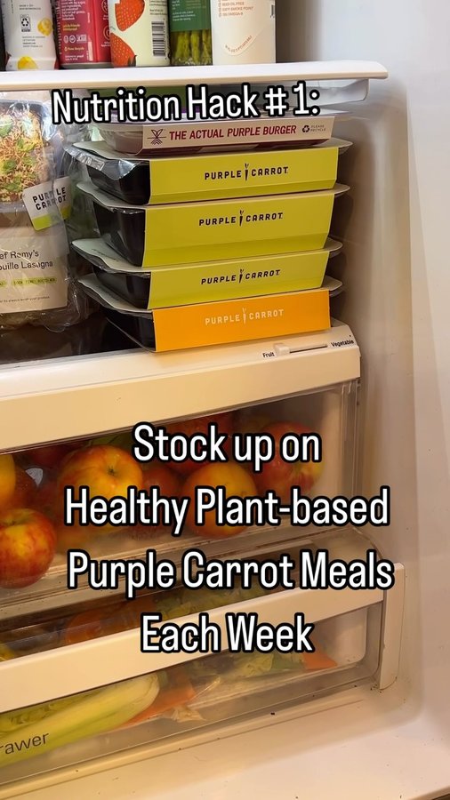 Instagram post by @jennyg2bfit for Purple Carrot. Caption reads: Stock your fridge weekly with @purplecarrotxo....