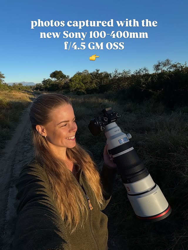 Instagram post by @karolinanoreewild for Sony Alpha. Caption reads: [...] 💪 #SEL100400MC #SonyGMaster #SonyLens....