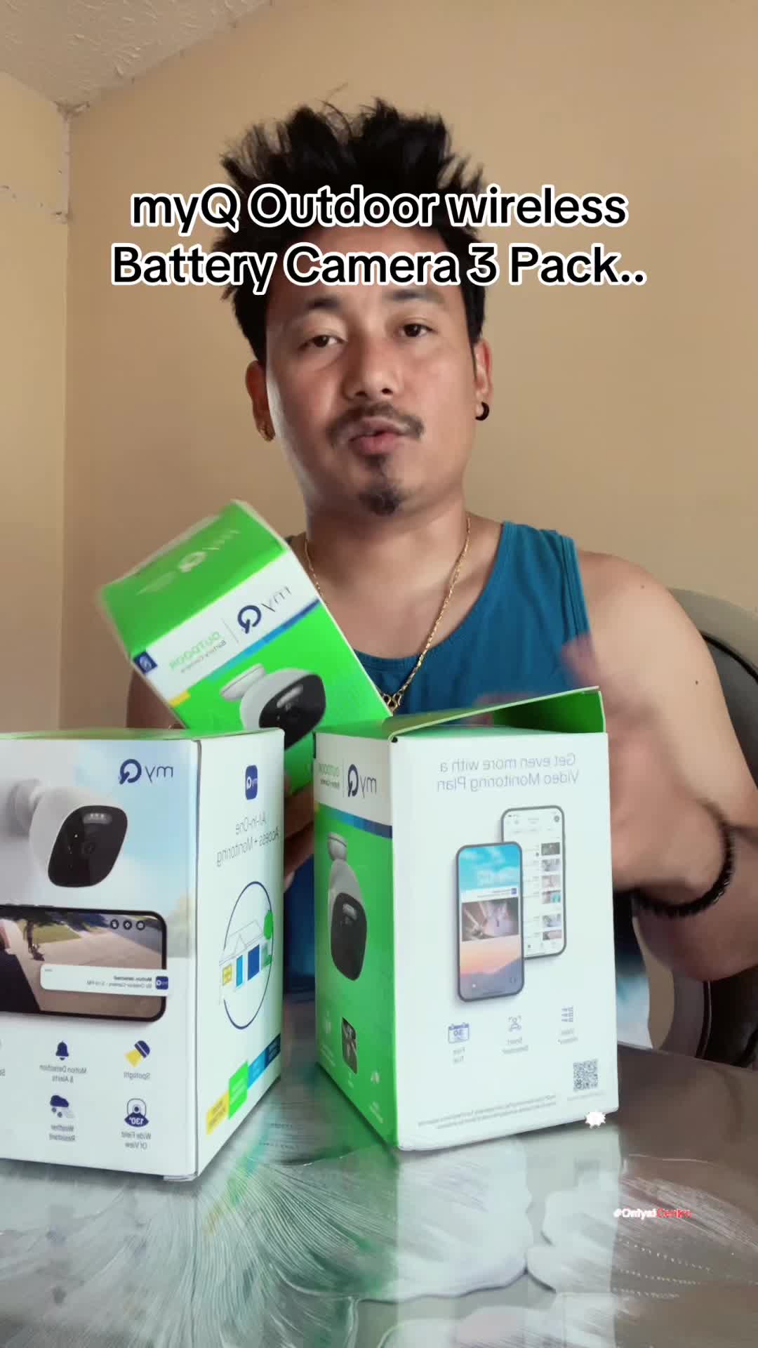 TikTok post by @maheshpulami5 for myQ. Caption reads: myQ Outdoor wireless Battery Camera 3 [...].
