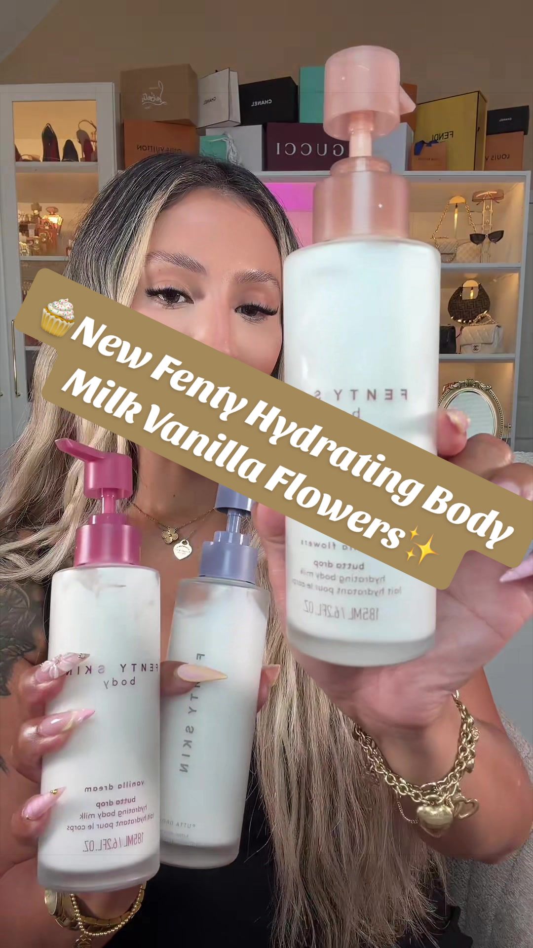 TikTok post by an influencer for Fenty Beauty. Caption reads: 🧁✨New Fenty Vanilla Flowers✨#fentybeauty #fenty....