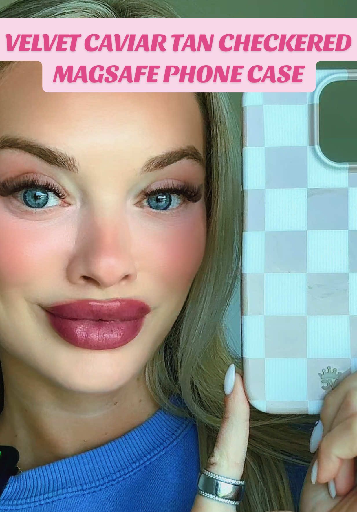 TikTok post by @mora_alyss for VELVET CAVIAR. Caption reads: [...] This nude checkered Velvet Caviar case is....