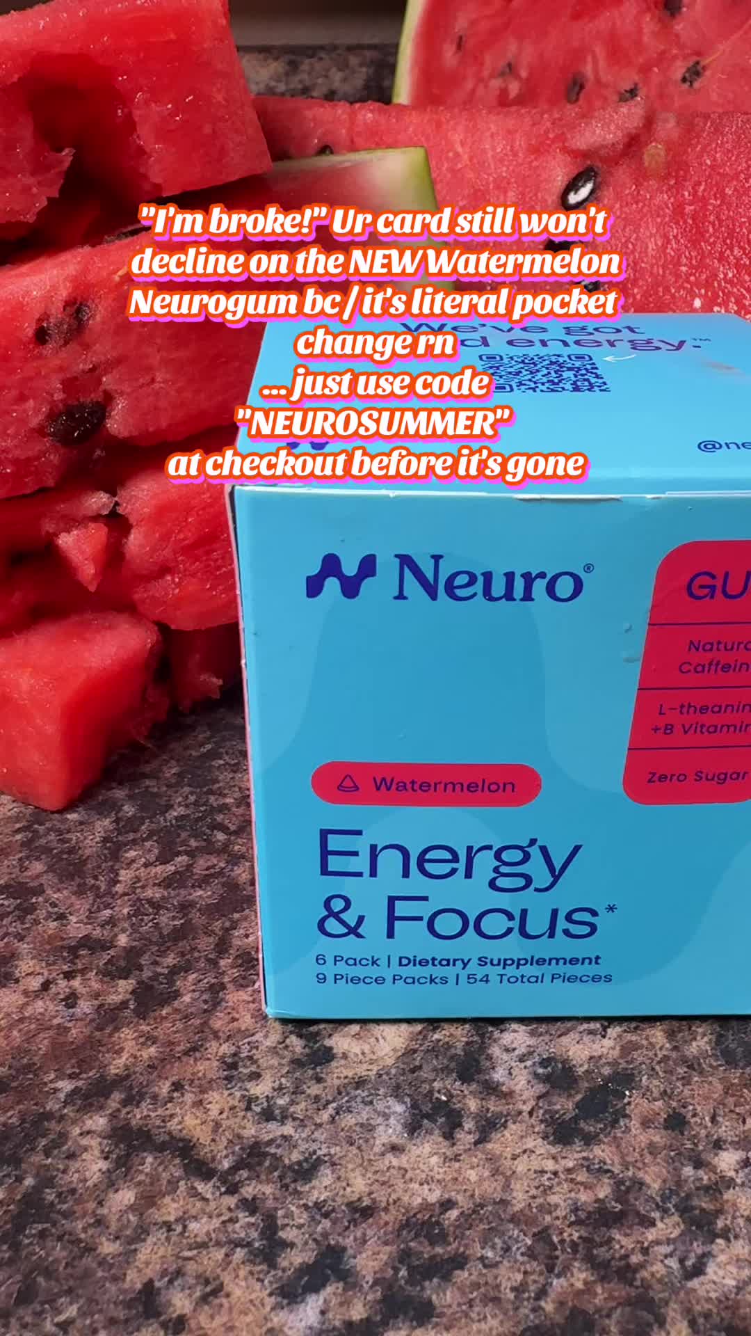 TikTok post by @jess.ryane for Neuro. Caption reads: Neurogum Energy & Focus Watermelon. [...].