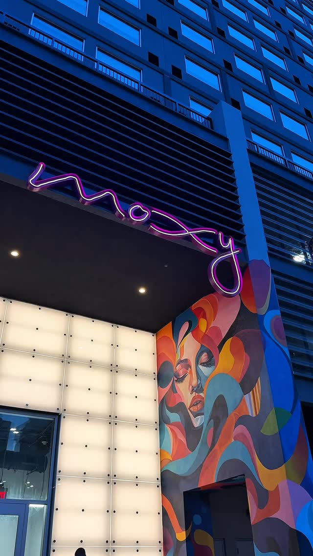 Instagram post by @chamia.amari for Moxy Hotels. Caption reads: [...] or even hosting an event! cheers @moxyhotels....