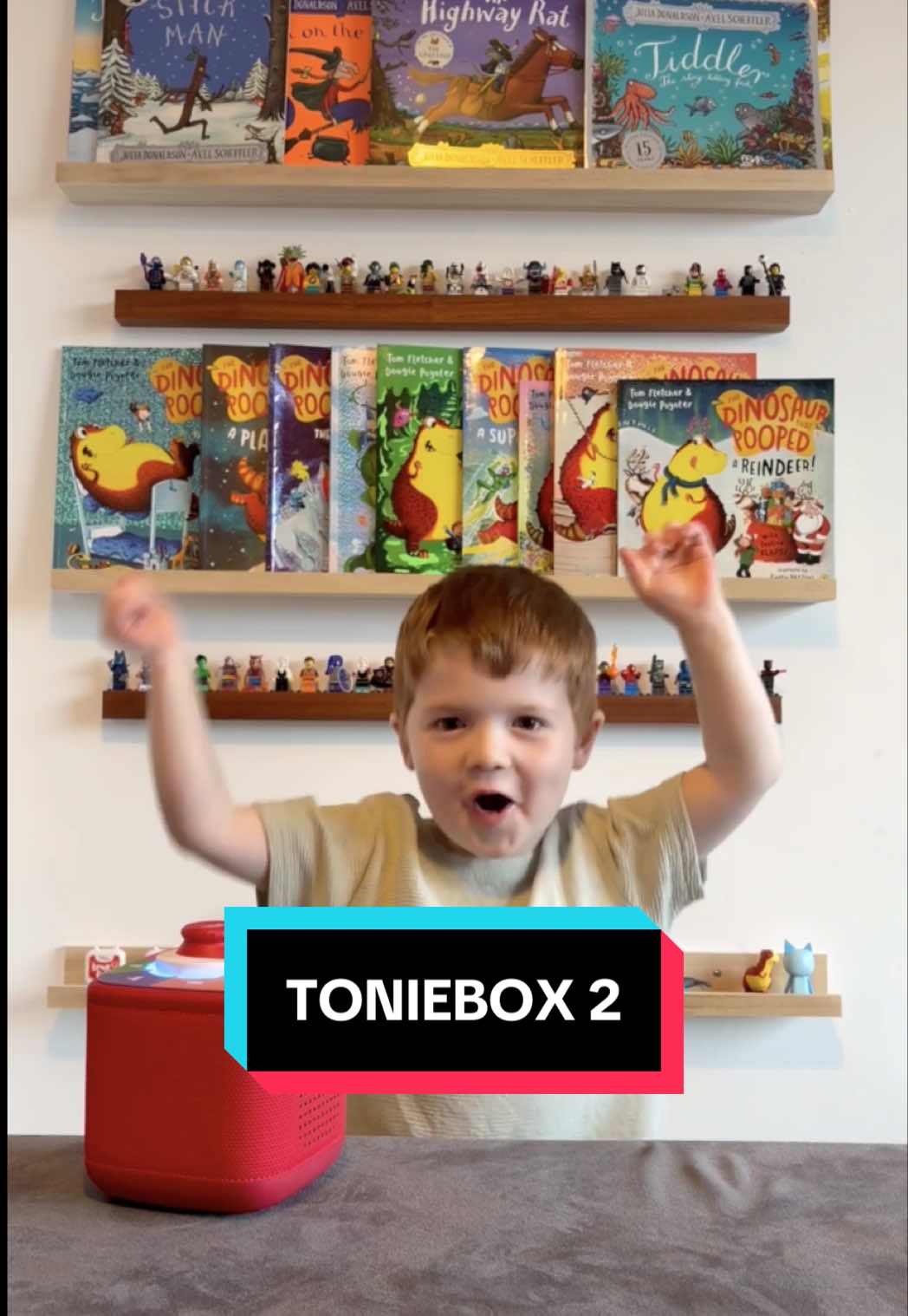 TikTok post by @cookingwithcarter for tonies. Caption reads: 🕸️🌲Toniebox 2 – my new favourite toy for....