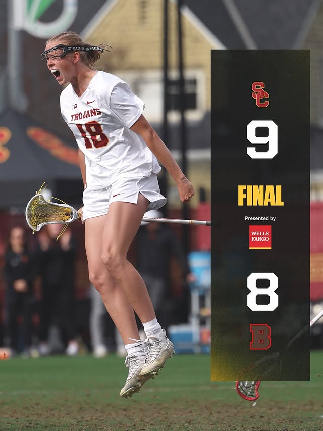 Instagram post by @usctrojanslax for Wells Fargo. Caption reads: down goes Brown ⬇️ @wellsfargo | #FightOn✌️.