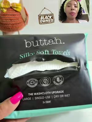 TikTok post by @cindysolutions for Buttah Skin. Caption reads: [...] Facial Towel 250 Count (Pack Of 5)....