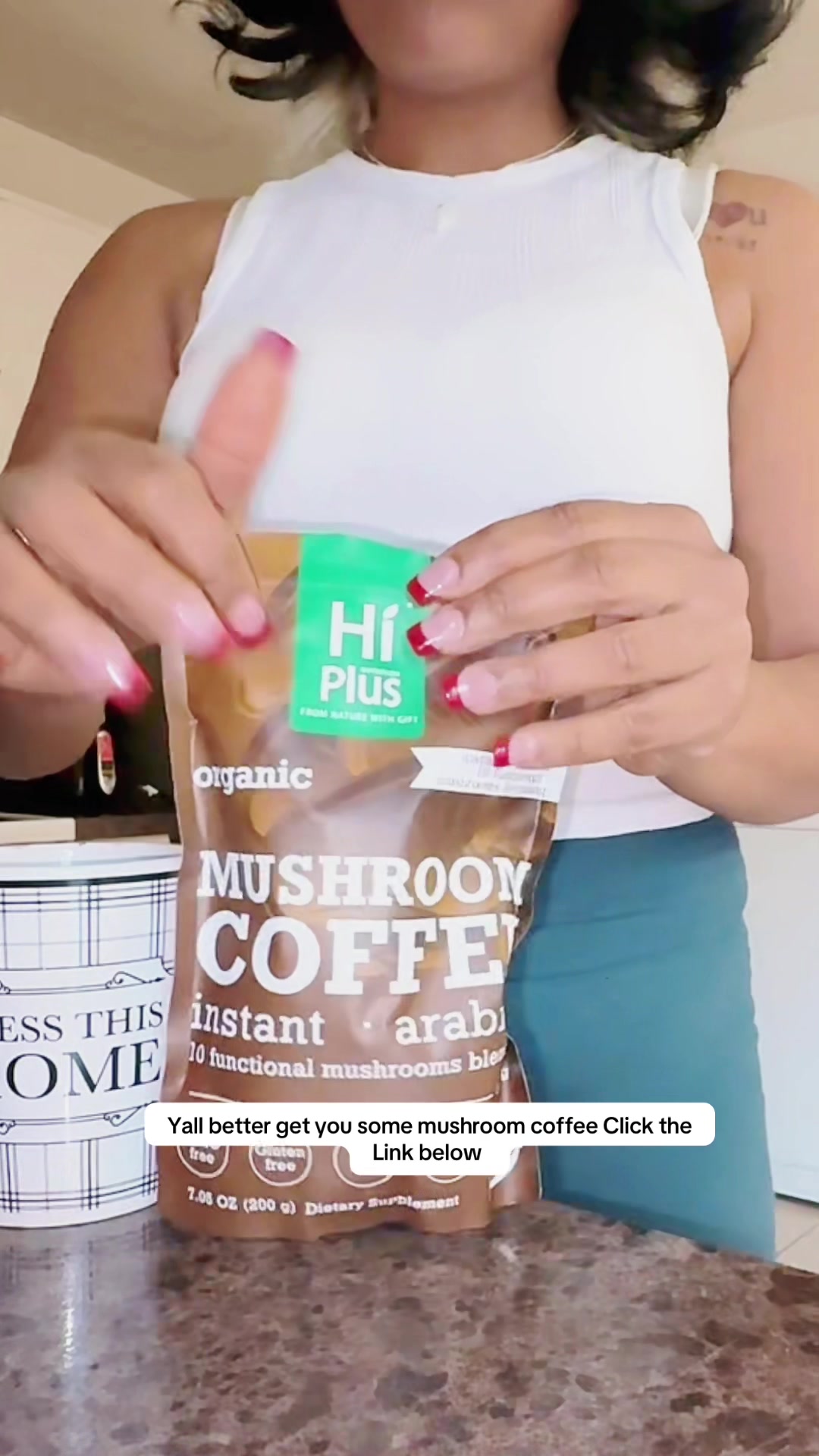 TikTok post by @creativeoutloud for HiPlus. Caption reads: @HiPlus #mushroomcoffee #mushroomcoffeebenefits....