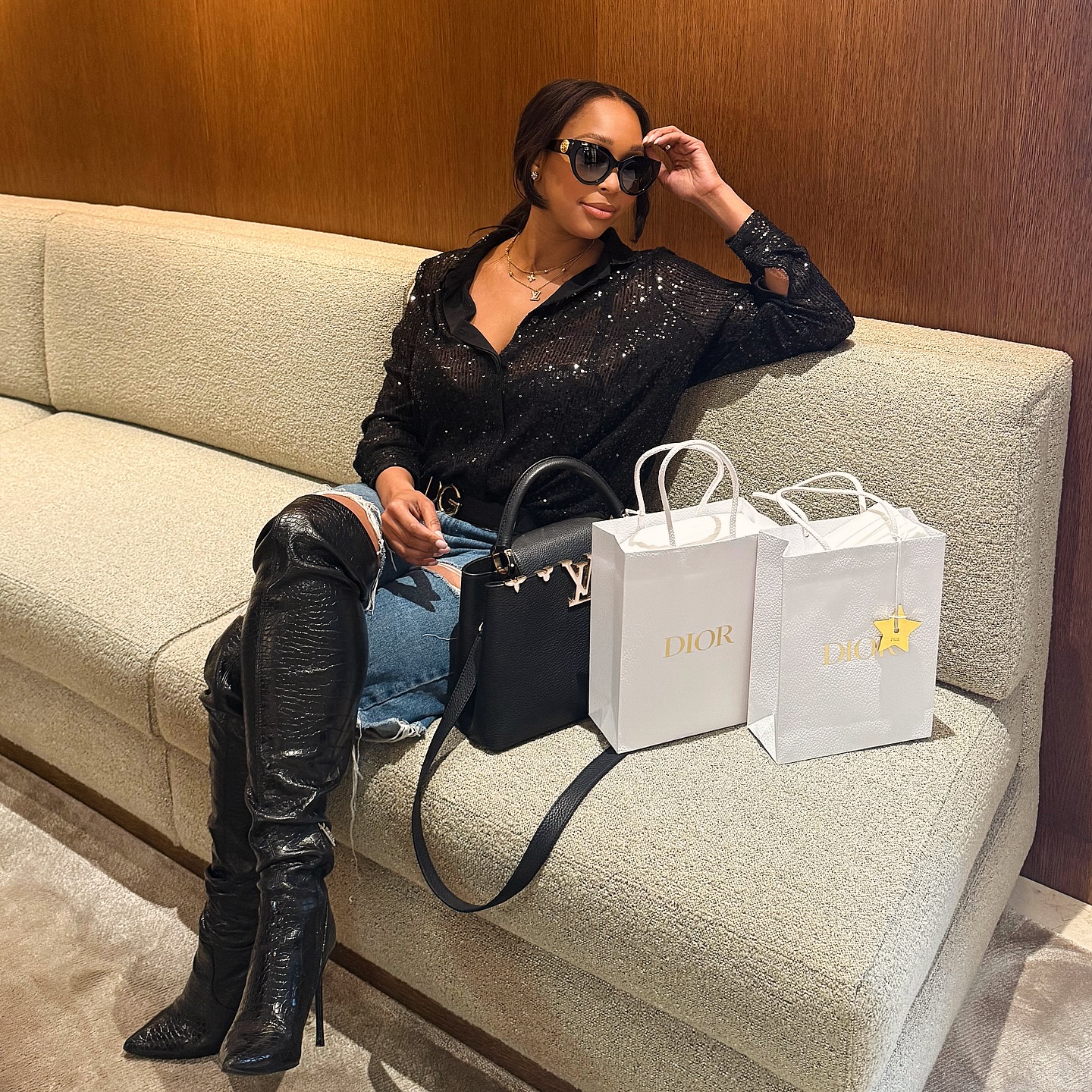 Instagram post by @minniedlamini for Sunglass Hut. Caption reads: J’adore 💎 

#Gifted.