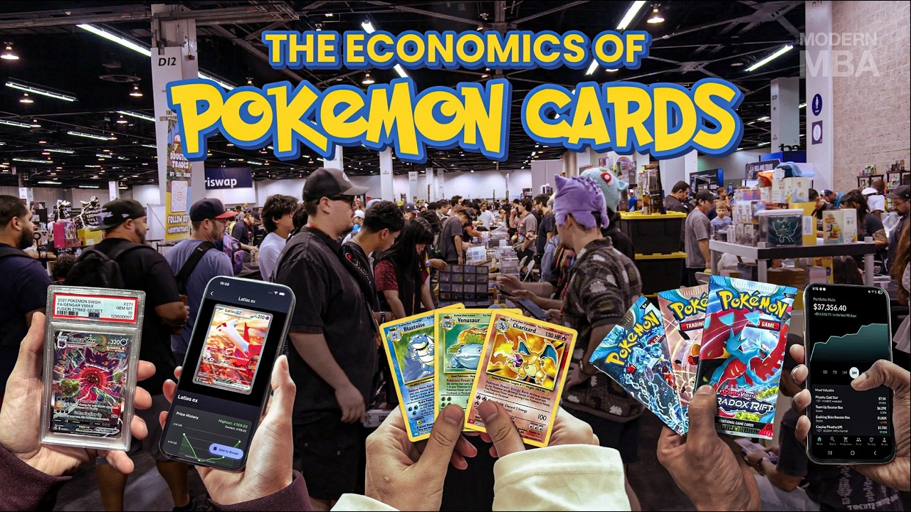 YouTube post by @ModernMBA for ZipRecruiter. Caption reads: The Crazy Business of Pokémon Cards.