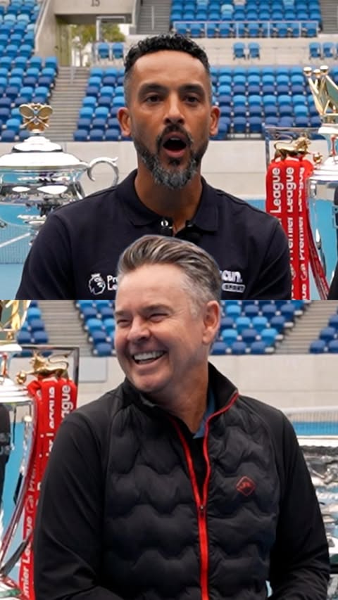 Instagram post by @stansportfc for Australian Open. Caption reads: Todd Woodbridge and Theo Walcott take on the word....