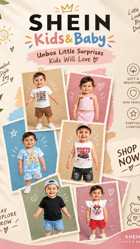 Instagram post by @twins.saga for SHEIN KIDS. Caption reads: SHEIN Kids&Baby - Unbox Little Surprises Kids Will....