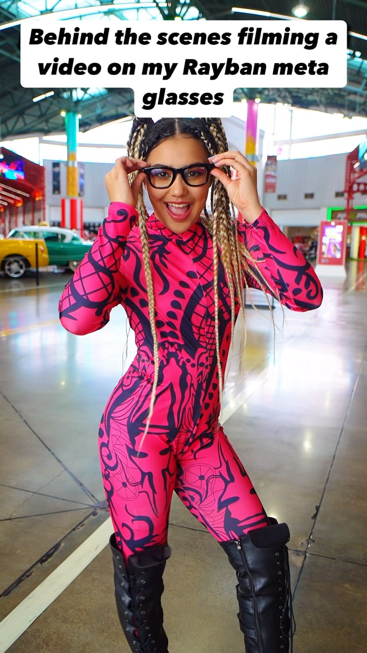 Instagram post by @libertybarros for Dezerland Park Orlando. Caption reads: Behind the scenes filming with @raybanmeta 💃....