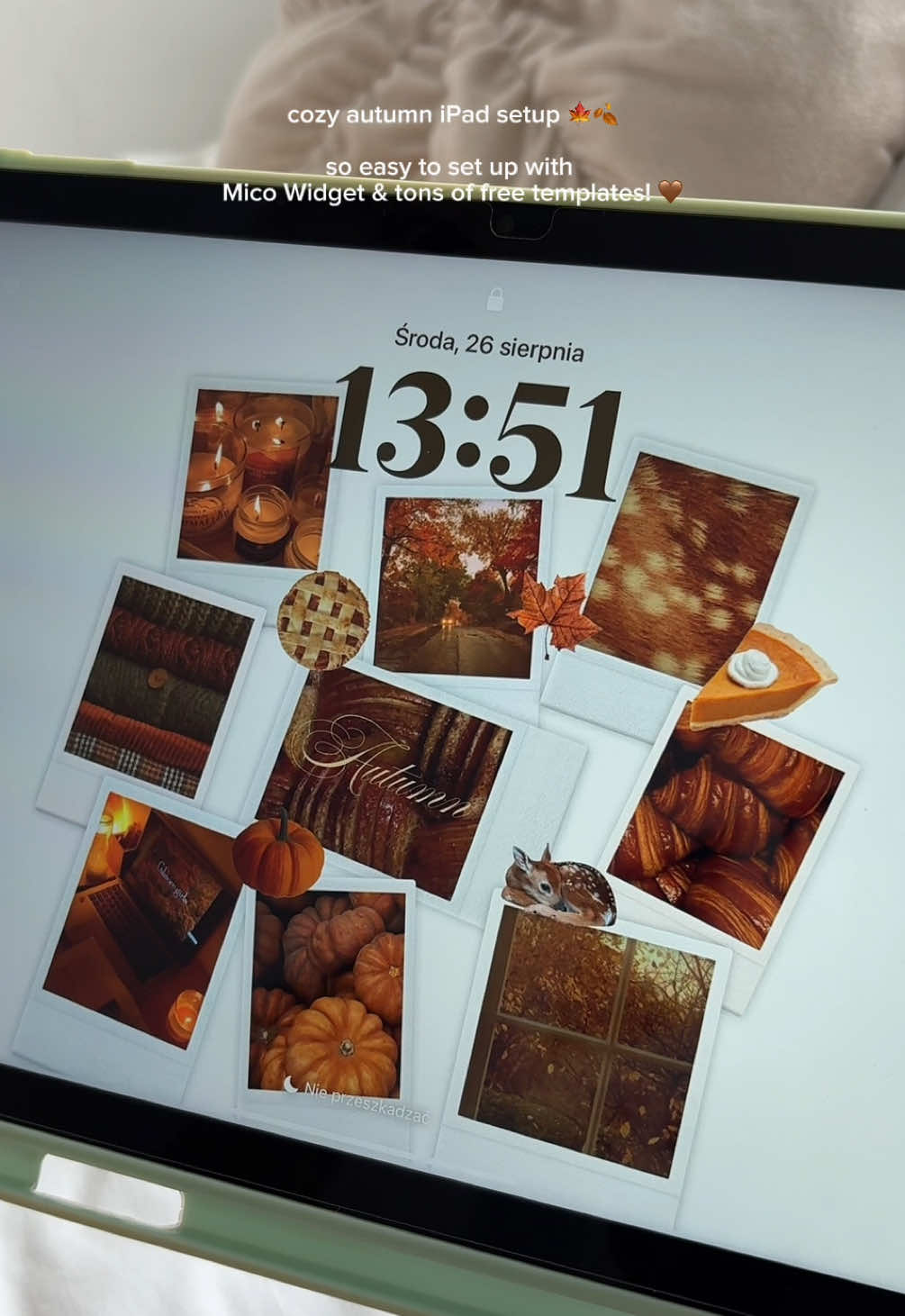 TikTok post by @misia.lillies for Mico Widget. Caption reads: Cozy autumn iPad setup 🤎🍂 #micowidget #wallpaper....