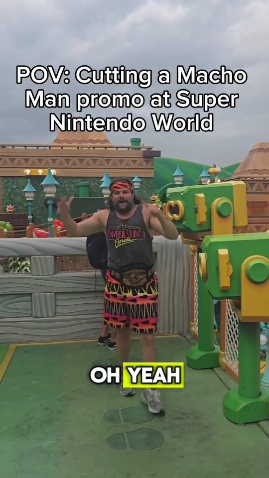 Instagram post by @themachoverse for Universal Orlando Resort. Caption reads: Super Macho World 🧱🪙🍄 Calm before the Storm at....