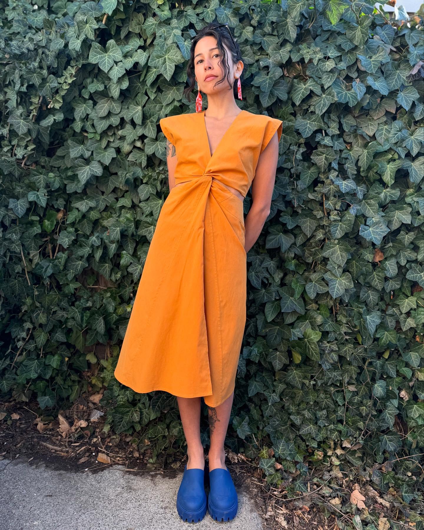 Instagram post by @leila.makes for The Fabric Store. Caption reads: front twist dress v1 (bc there’s gotta be a v2 to....