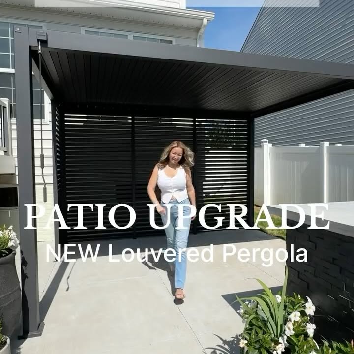 Instagram post by @myhousefromscratch for Mirador Outdoor. Caption reads: Patio upgrade with @miradoroutdoor Louvered....