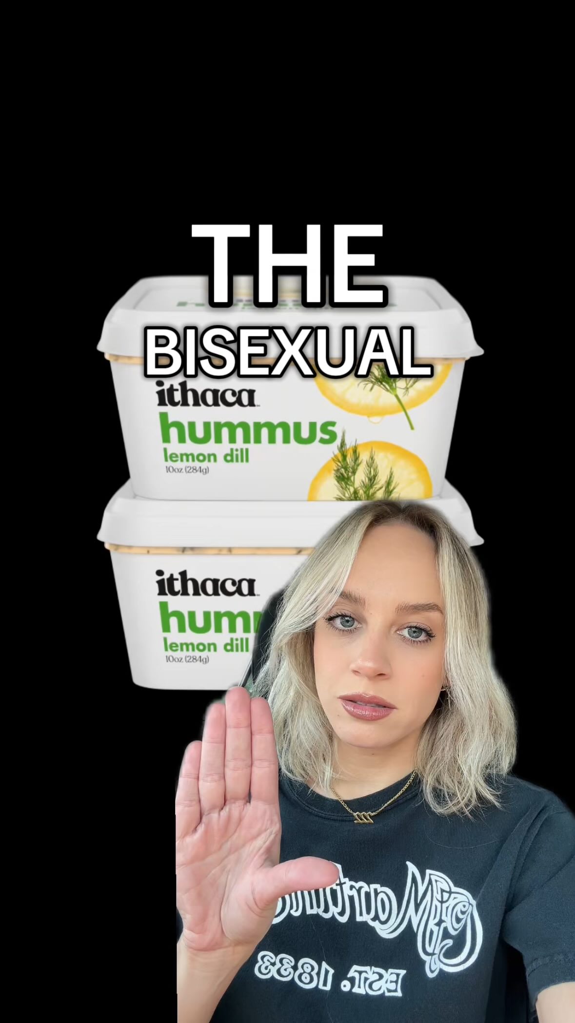 Instagram post by @thewhitneyyoung for Ithaca Hummus. Caption reads: [...] sapphic assessment 👩‍🔬 #wlw....