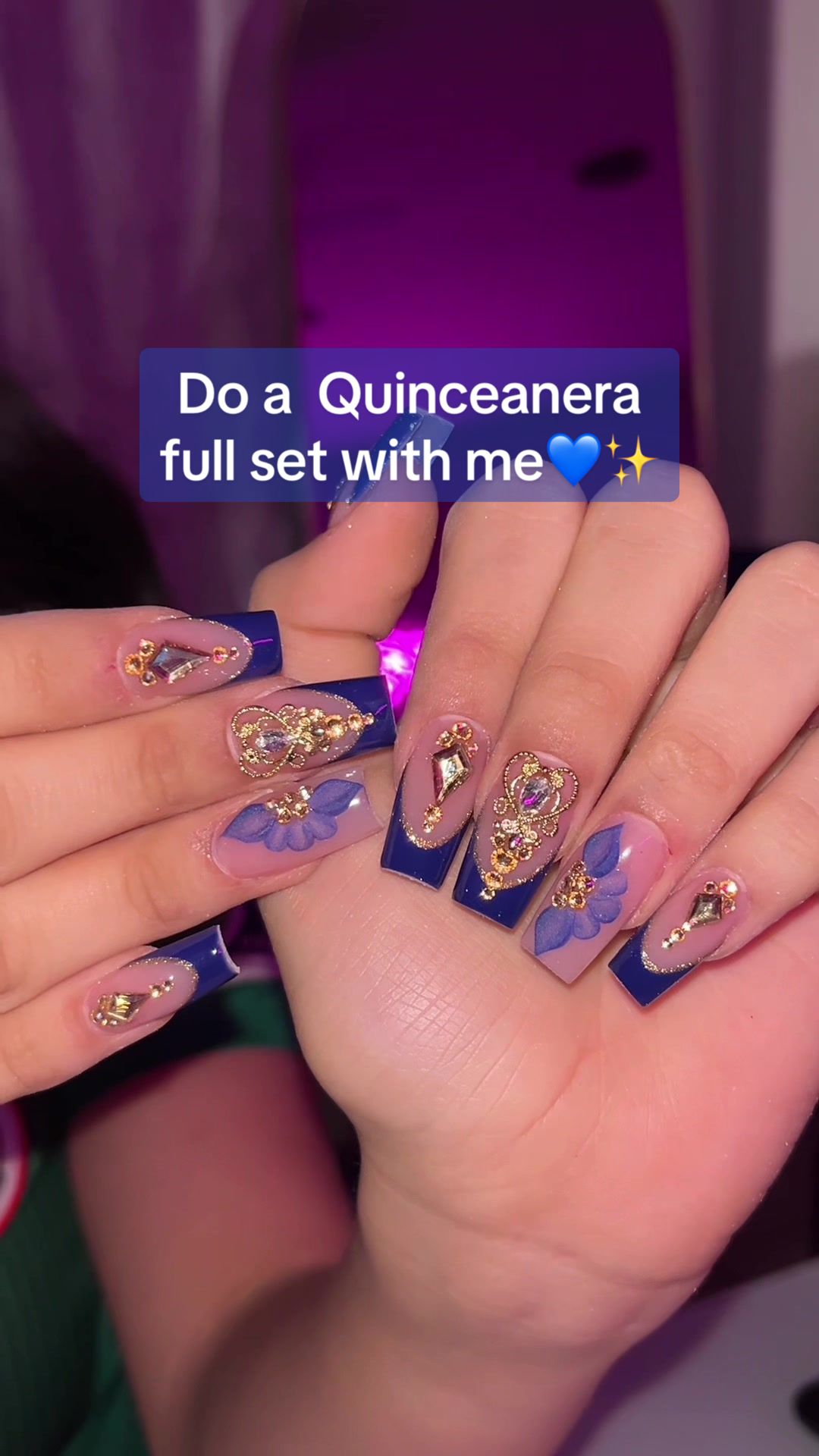 TikTok post by @nailedbytati for VBeautyPure. Caption reads: Quince sets are my fav💙✨ IG: nailedby.tati🫶🏼 ....