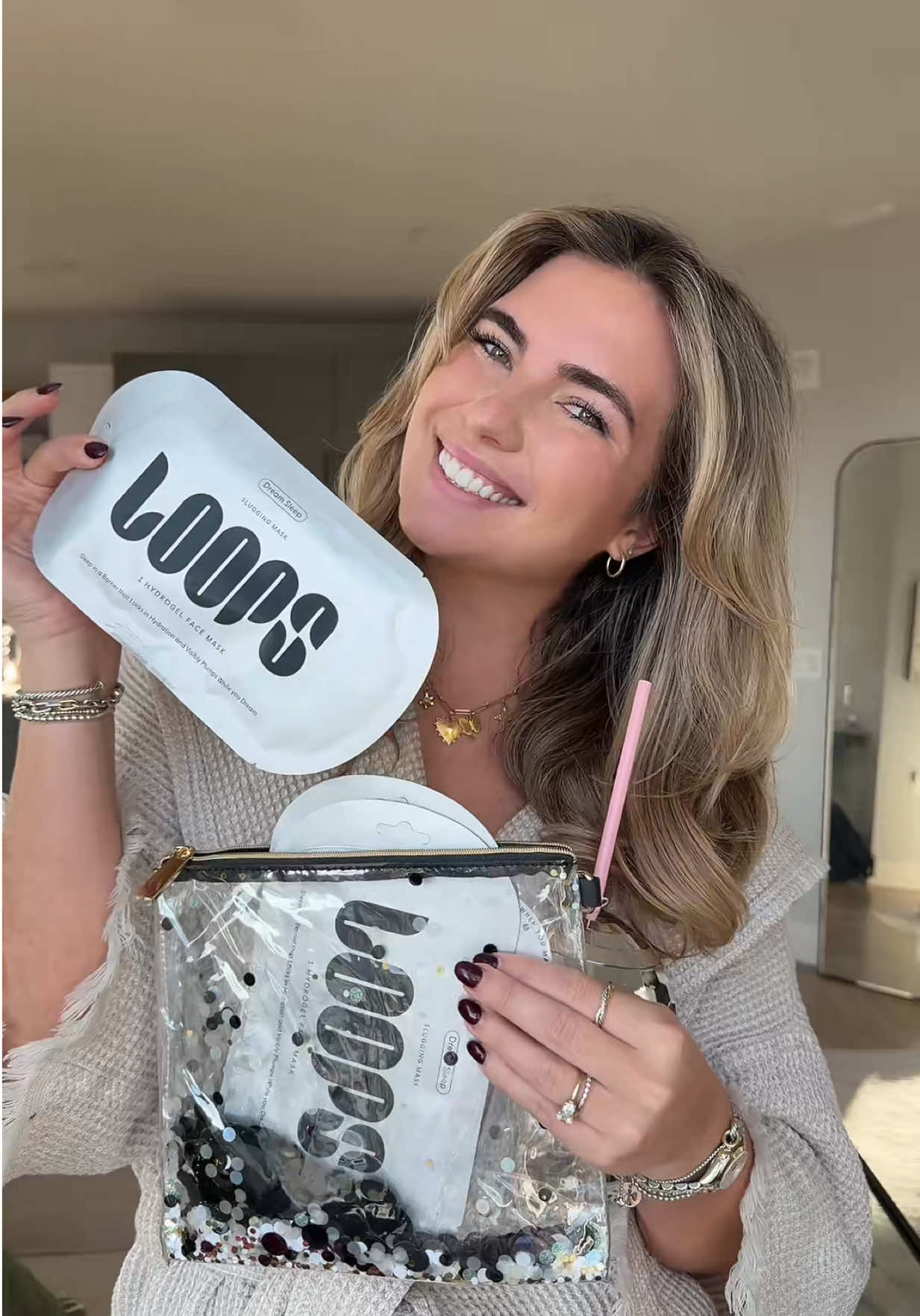TikTok post by @sarah.q.aimar for LOOPS. Caption reads: @LoopsBeauty and @Packed Party make for the [...].