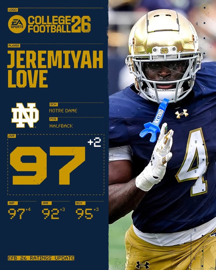 Instagram post by @jeremiyahlove for EA SPORTS. Caption reads: Ratings boost time! Much Love #CFB26! #ad.