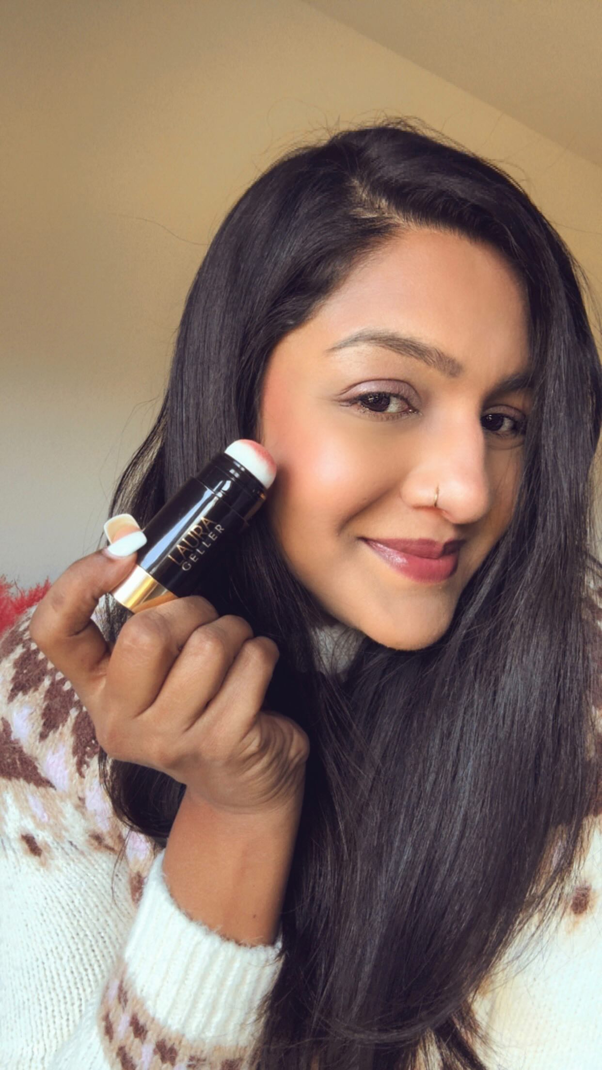 Instagram post by @cherekeerthana for – Laura Geller. Caption reads: Blushing this fall with a skincare infused Dewy,....