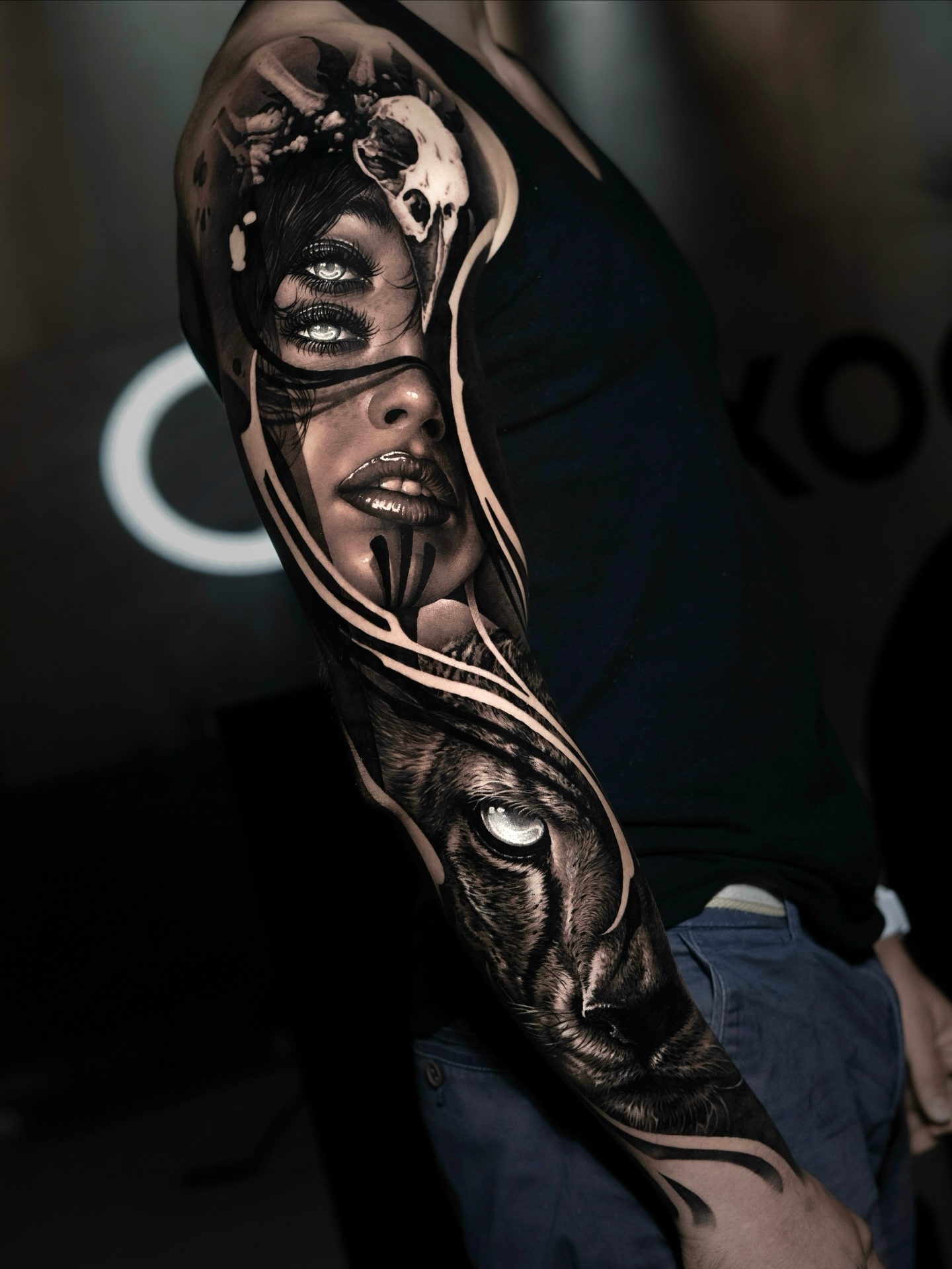 Instagram post by @pam_smithtattoo for Sullen Clothing. Caption reads: ➖ In this project of the exterior arm I focused on....