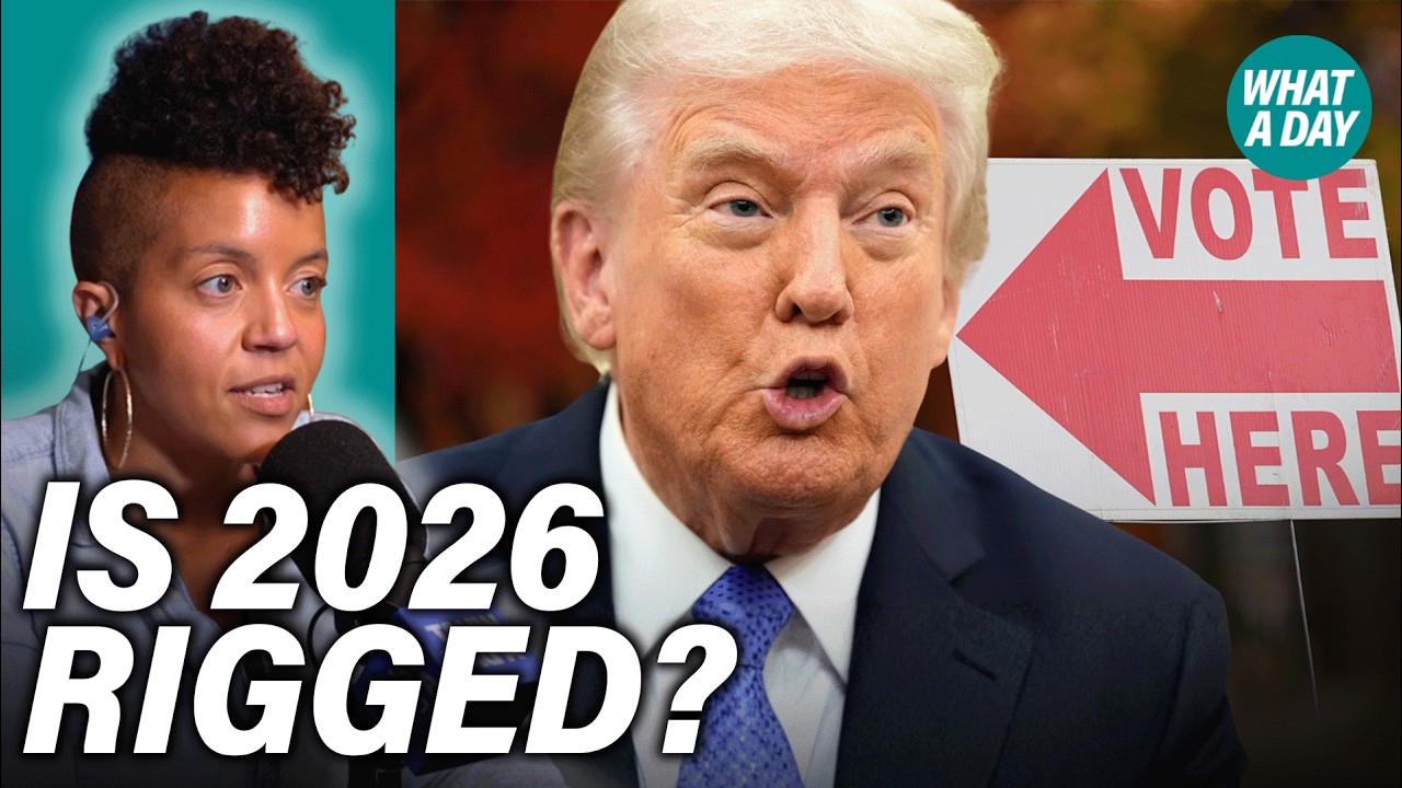 YouTube post by @whatadaypodcast for Nutrafol. Caption reads: Trump's Plan to Rig the 2026 Midterms.