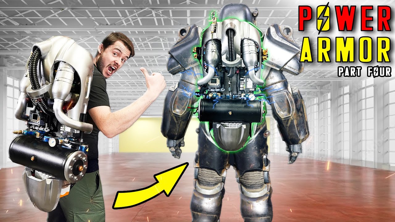 YouTube post by @hacksmith for iFixit. Caption reads: Hybrid Power Systems! | Real Life Power Armor....
