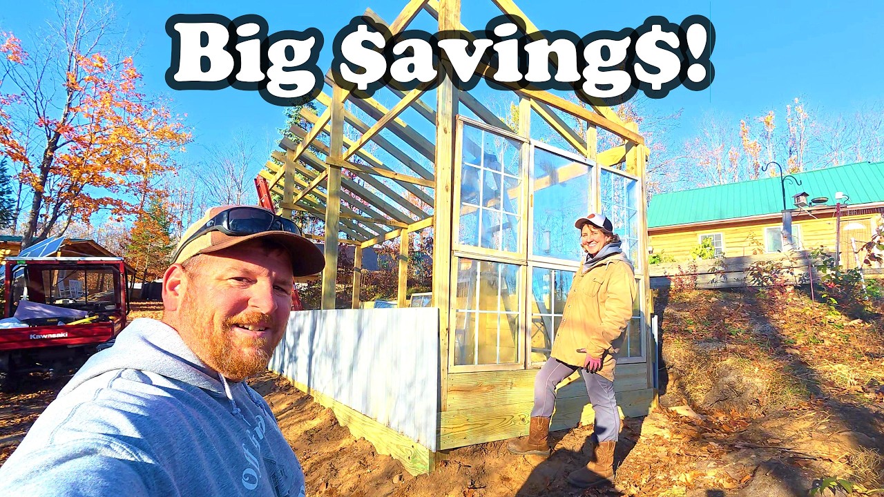 YouTube post by @OffgridwithJayandJen for Eufy. Caption reads: We Saved Hundreds By Doing This- DIY Greenhouse....