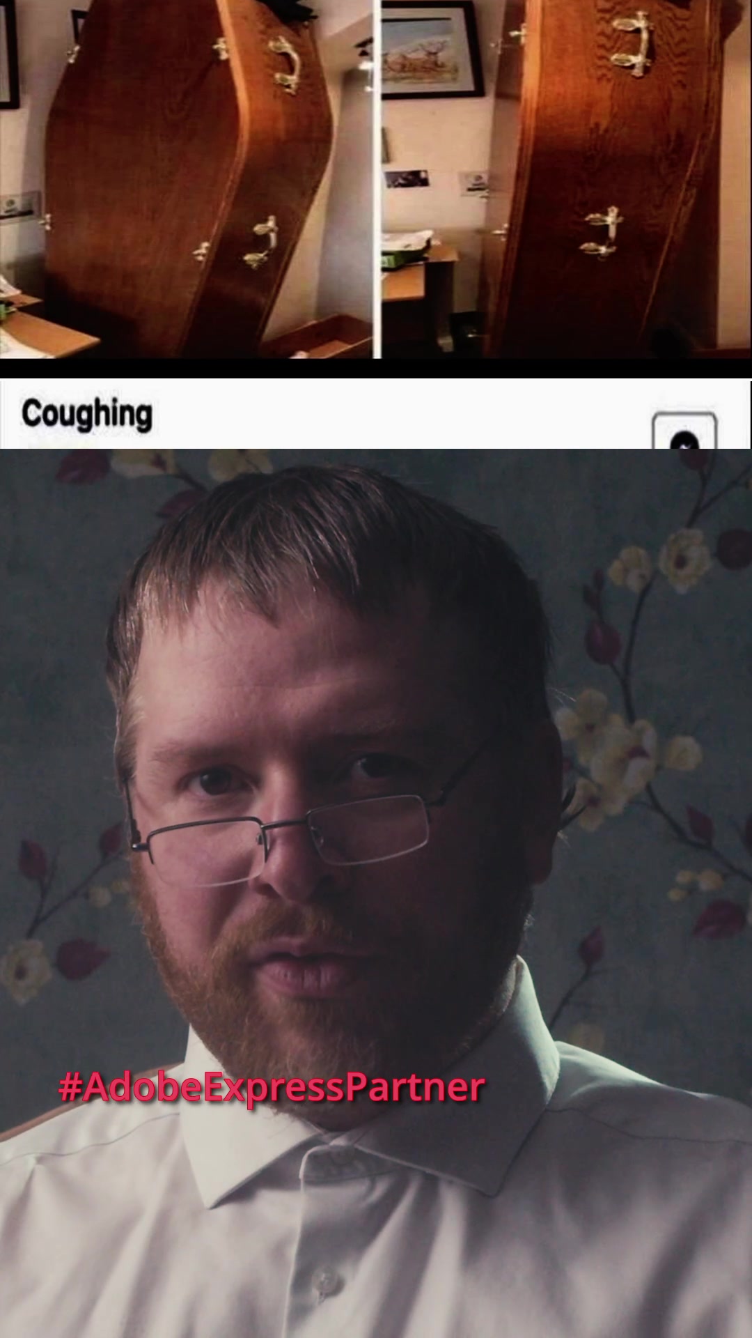 TikTok post by @lewky____ for Adobe. Caption reads: Got a coffin to get rid of? Use @Adobe Express the....