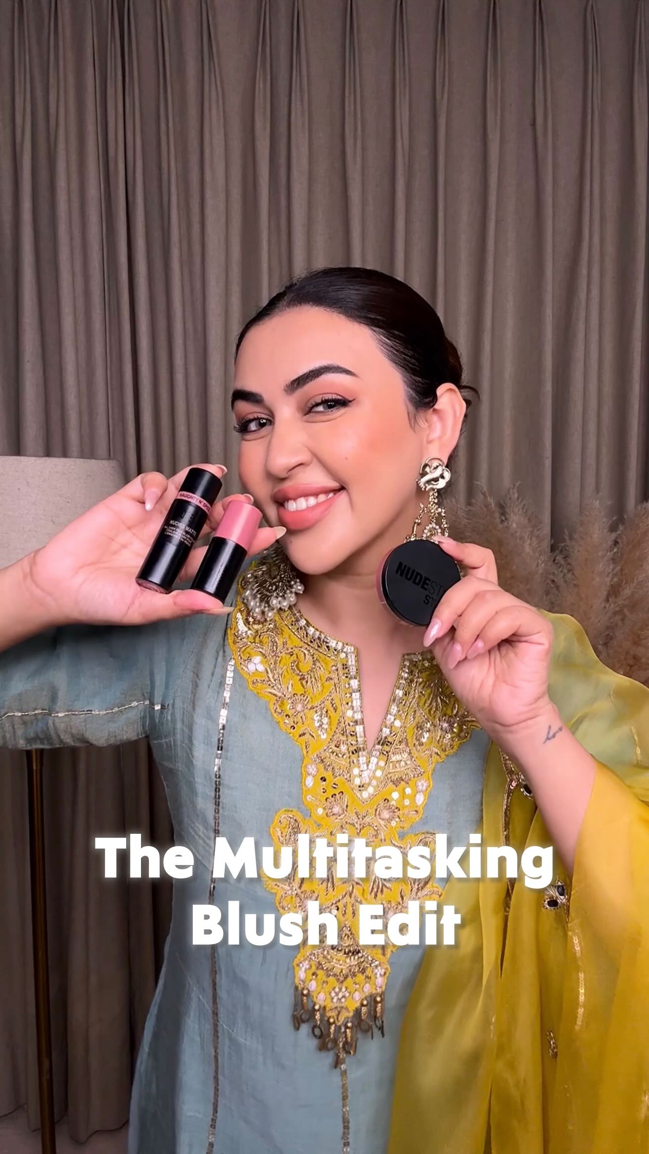 Instagram post by @srishtisbhatia for Nykaa. Caption reads: 3 blushes, 3 moods 💋

✨ Soft Glam: Nudies Matte....