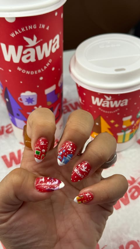 Instagram post by @tropicalcandice for Wawa. Caption reads: #ad holiday nails inspired by my fave ☕✨ wawa’s....