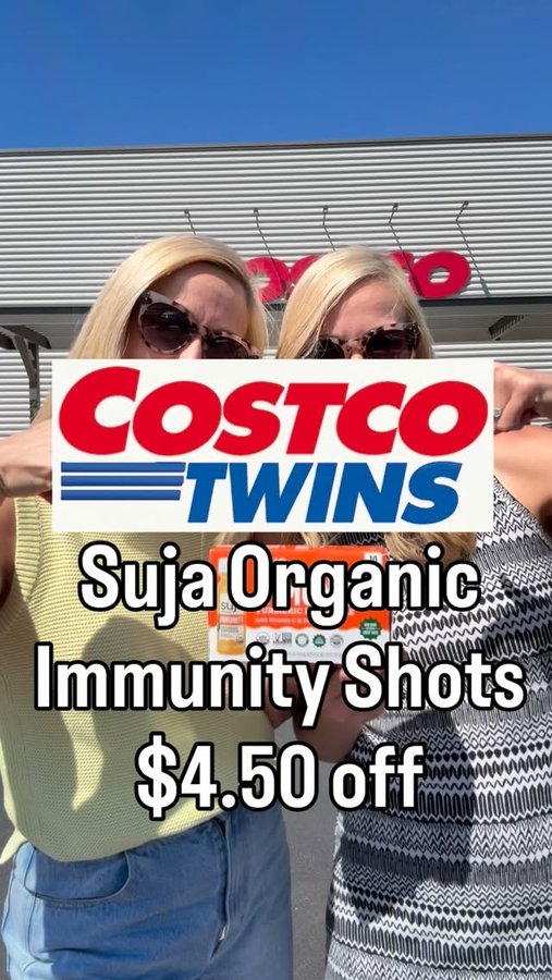 Instagram post by @costco.twins for Suja Organic. Caption reads: 🚨 Costco deal alert! 🚨 Suja Organic Immunity....